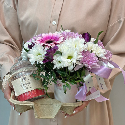 Сет "Земляника". Набор стаканчик с цветами и аромасвечой в банке 70404