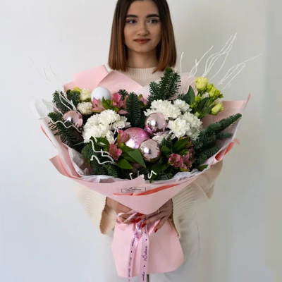 Букет из нобилиса и белых хризантем "Розовое сияние" N 91150