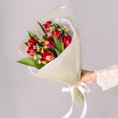Букет из 7 красных тюльпанов с ромашками 59873